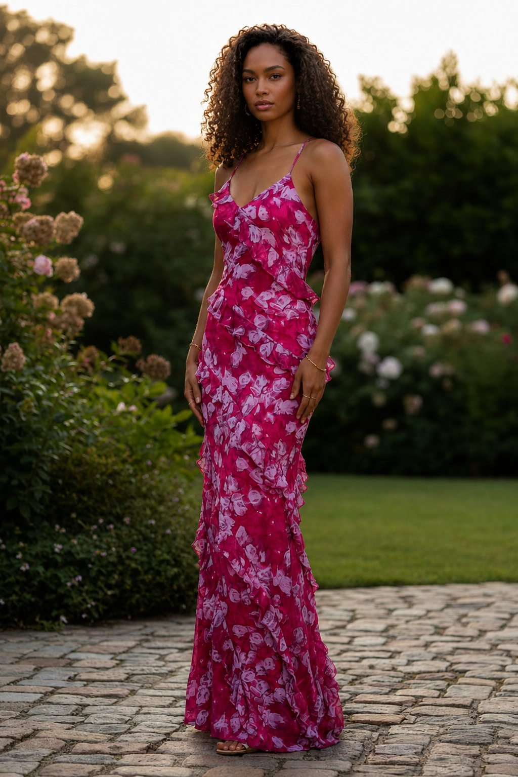 Berry Bloom Ruffle Maxi Dress