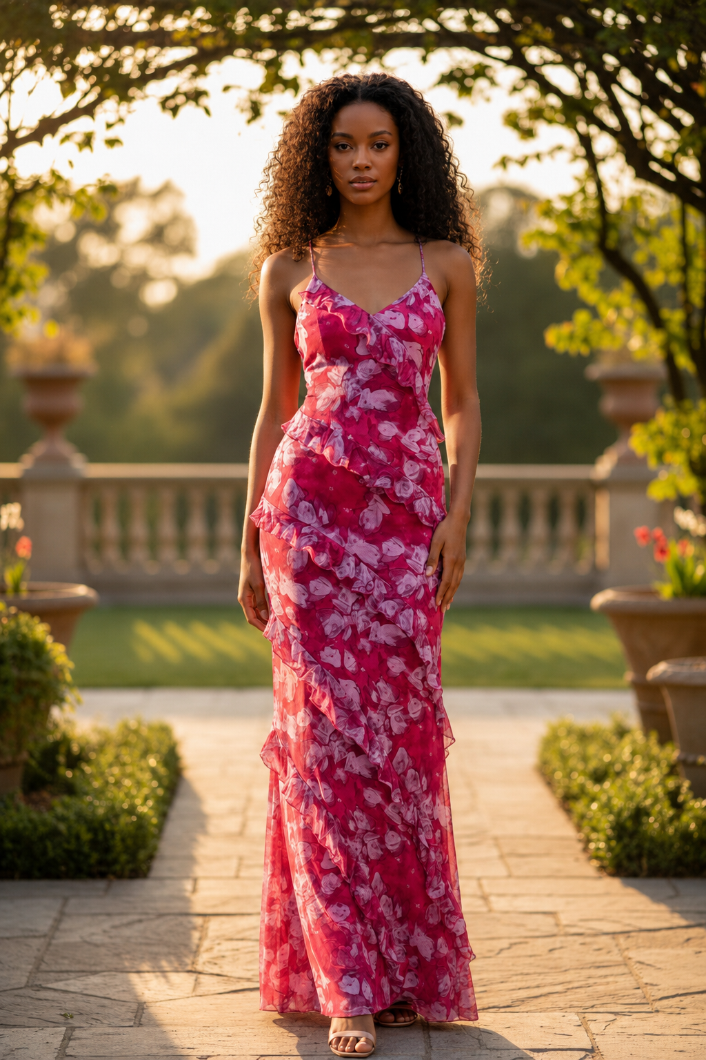 Berry Bloom Ruffle Maxi Dress