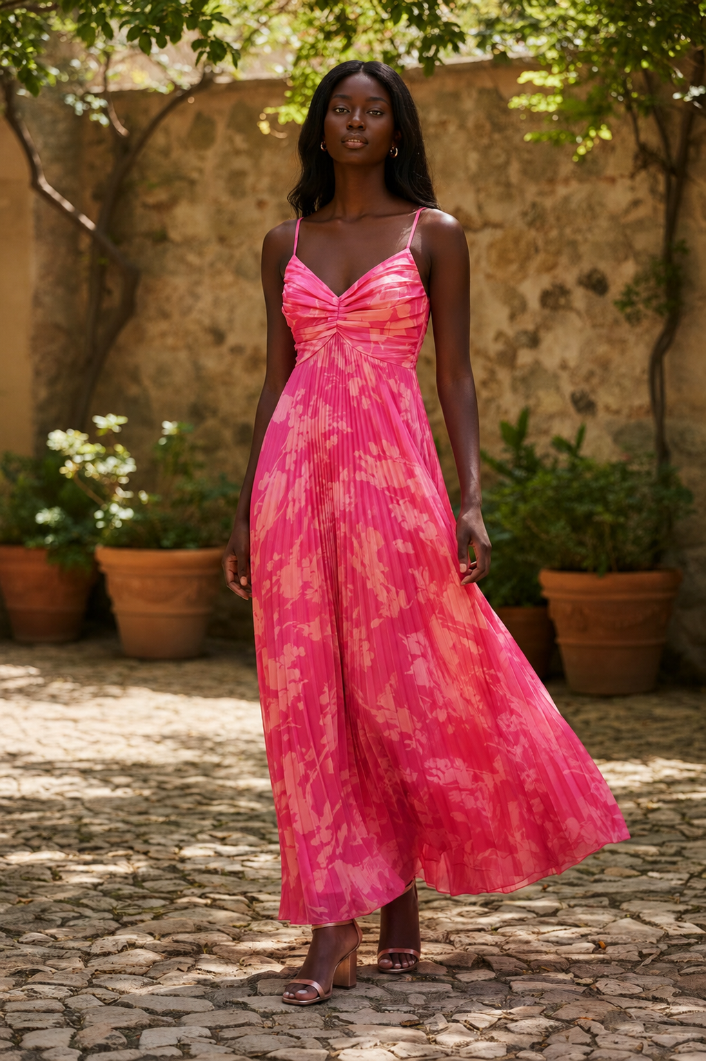 Rosé Garden Pleated Maxi Dress
