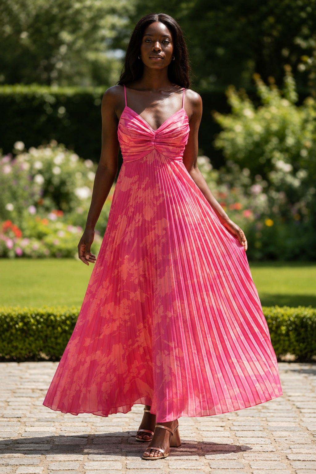 Rosé Garden Pleated Maxi Dress