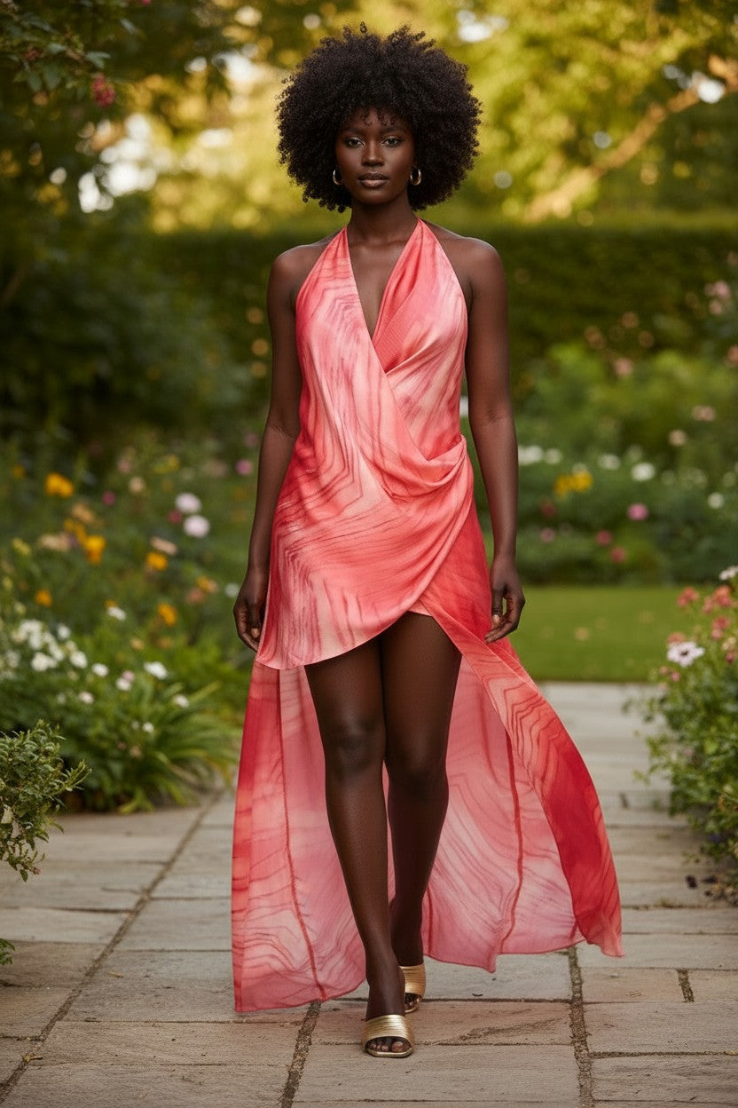 Coral Drift High-Low Dress
