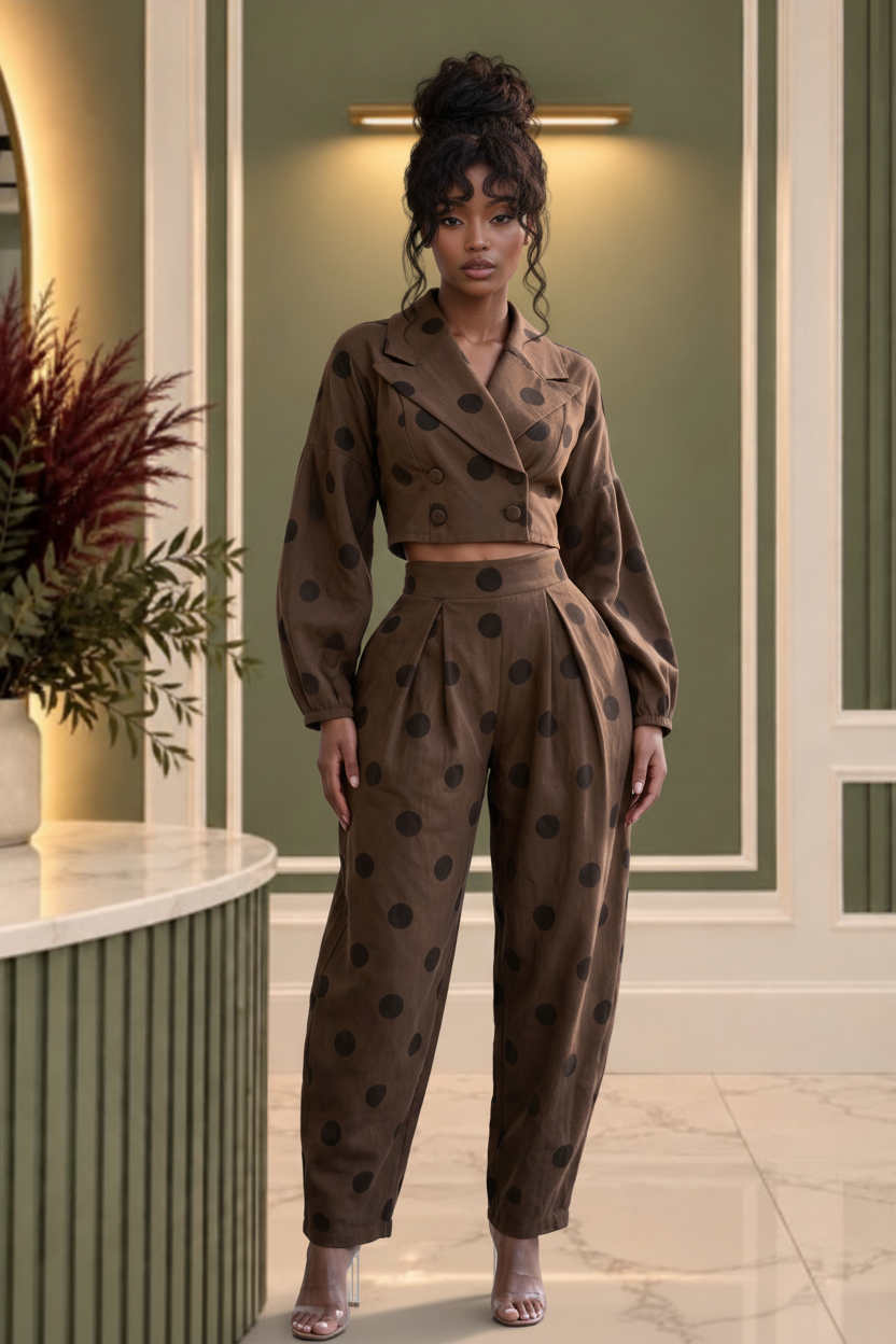 Bleu Hanger chocolate-brown two-piece pant set with black polka dots, cropped blazer, and high-waisted trousers.