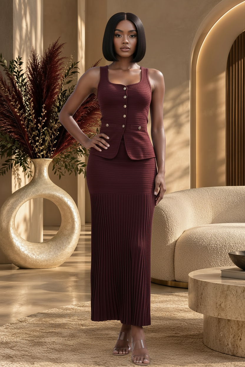 Bleu Hanger burgundy two-piece knit set featuring a sleeveless button-up vest and a high-waisted ribbed maxi skirt.