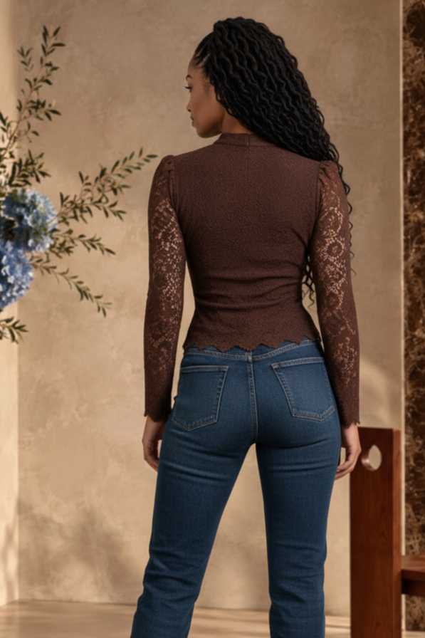 Bleu Hanger chocolate-brown floral lace top with long semi-sheer sleeves worn by a model from the back view