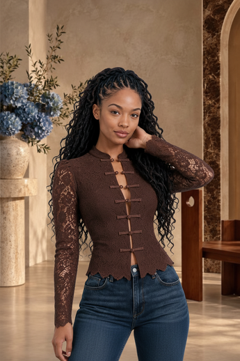 Bleu Hanger chocolate brown floral lace top with semi-sheer sleeves and decorative knotted front closures