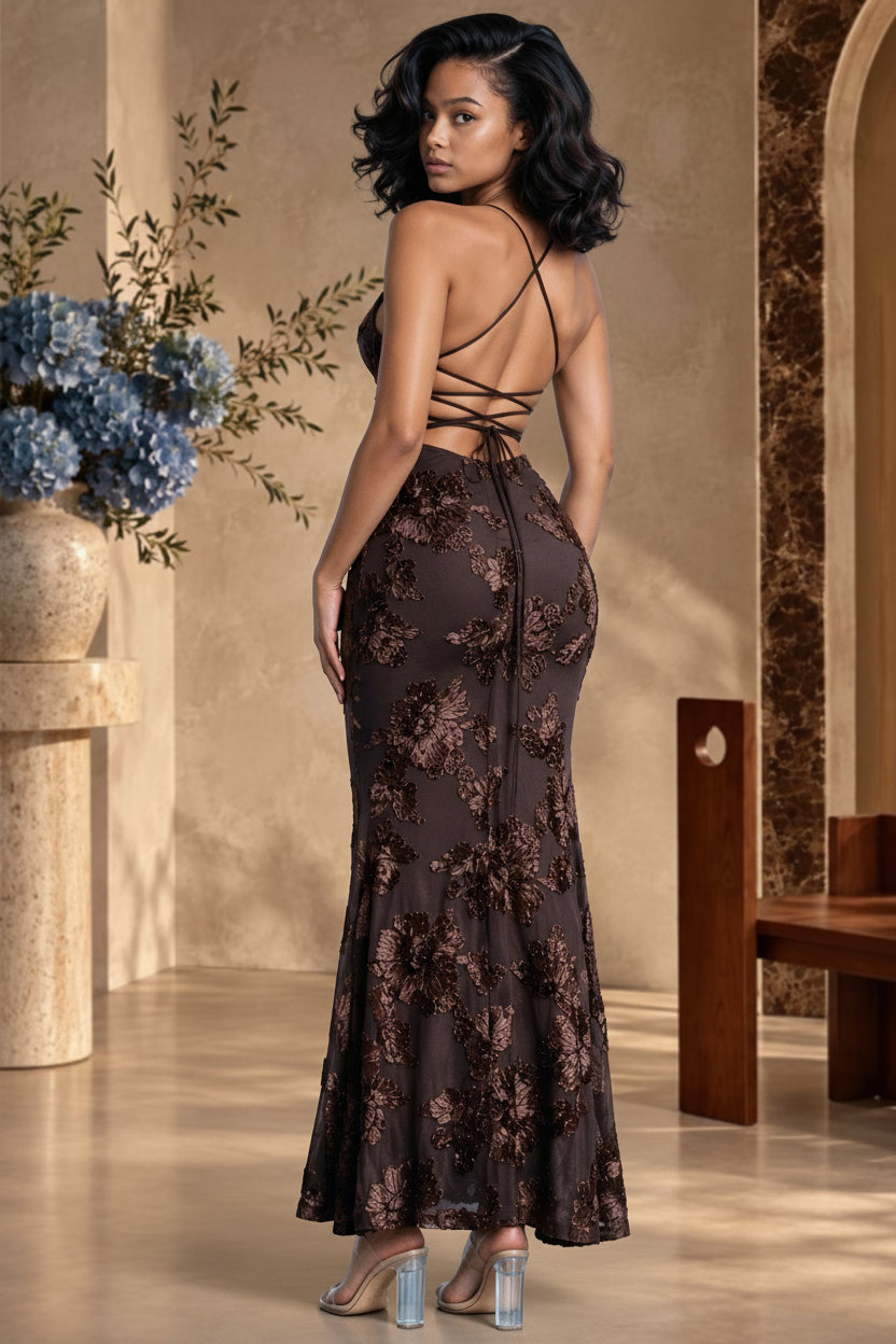 Bleu Hanger chocolate-brown floral textured maxi dress with strappy open-back detail and mermaid hem on a model.