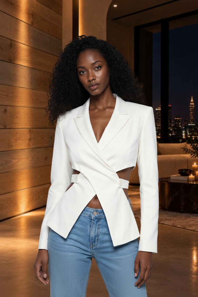 Bleu Hanger ivory tailored blazer with waist cutouts, notched lapels, and structured shoulders on a model.