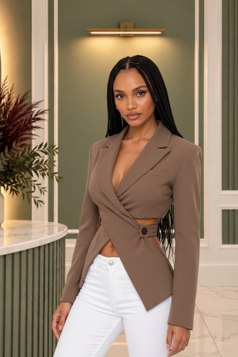 Bleu Hanger mocha-brown tailored blazer with asymmetrical wrap-front, waist cutouts, and single-button side closure.