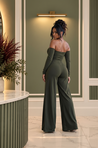 Bleu Hanger olive-green wide-leg jumpsuit with off-the-shoulder neckline and long sleeves on a model