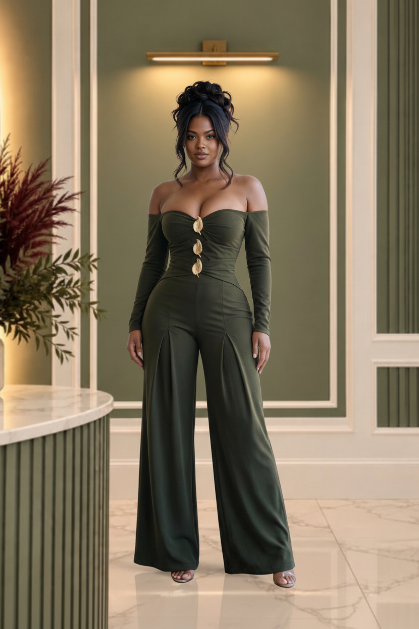 Bleu Hanger olive-green wide-leg jumpsuit with off-the-shoulder neckline, long sleeves, and gold leaf hardware.