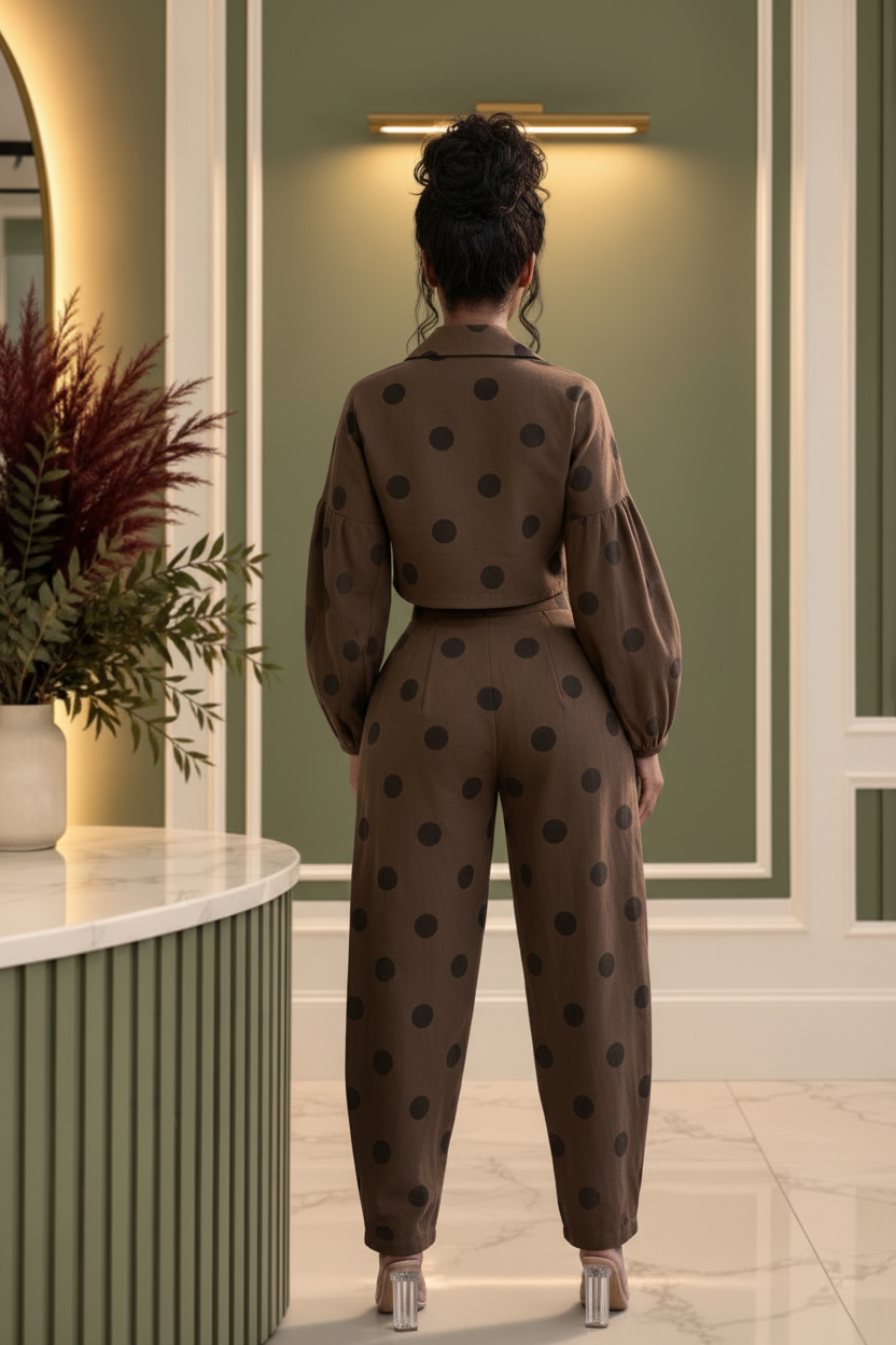 Bleu Hanger chocolate-brown two-piece pant set with black polka dots, featuring a cropped blazer and high-waisted pants