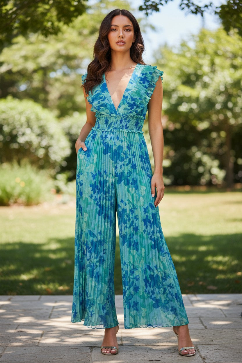 Floral Ocean Pleated Jumpsuit