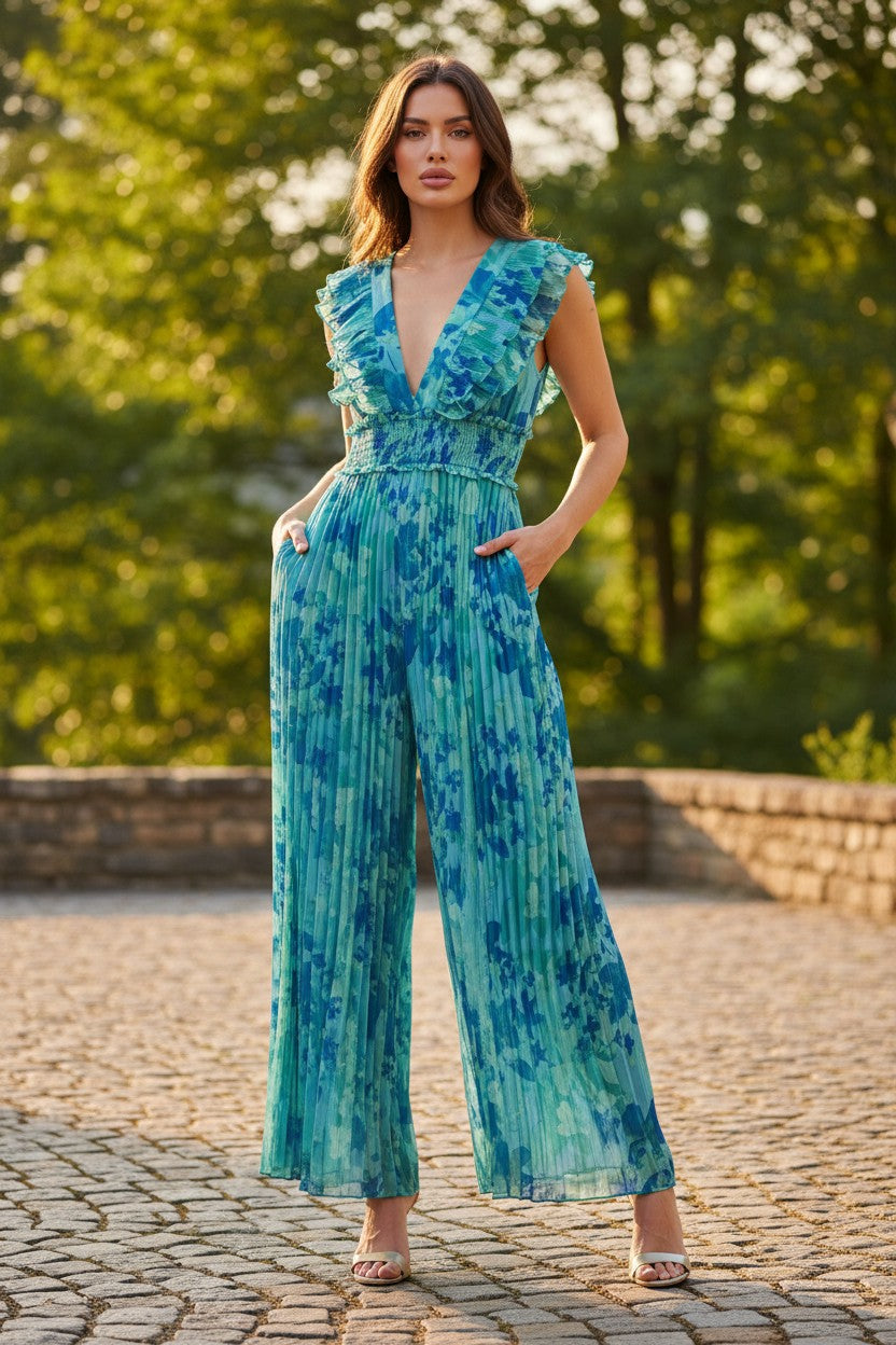 Floral Ocean Pleated Jumpsuit