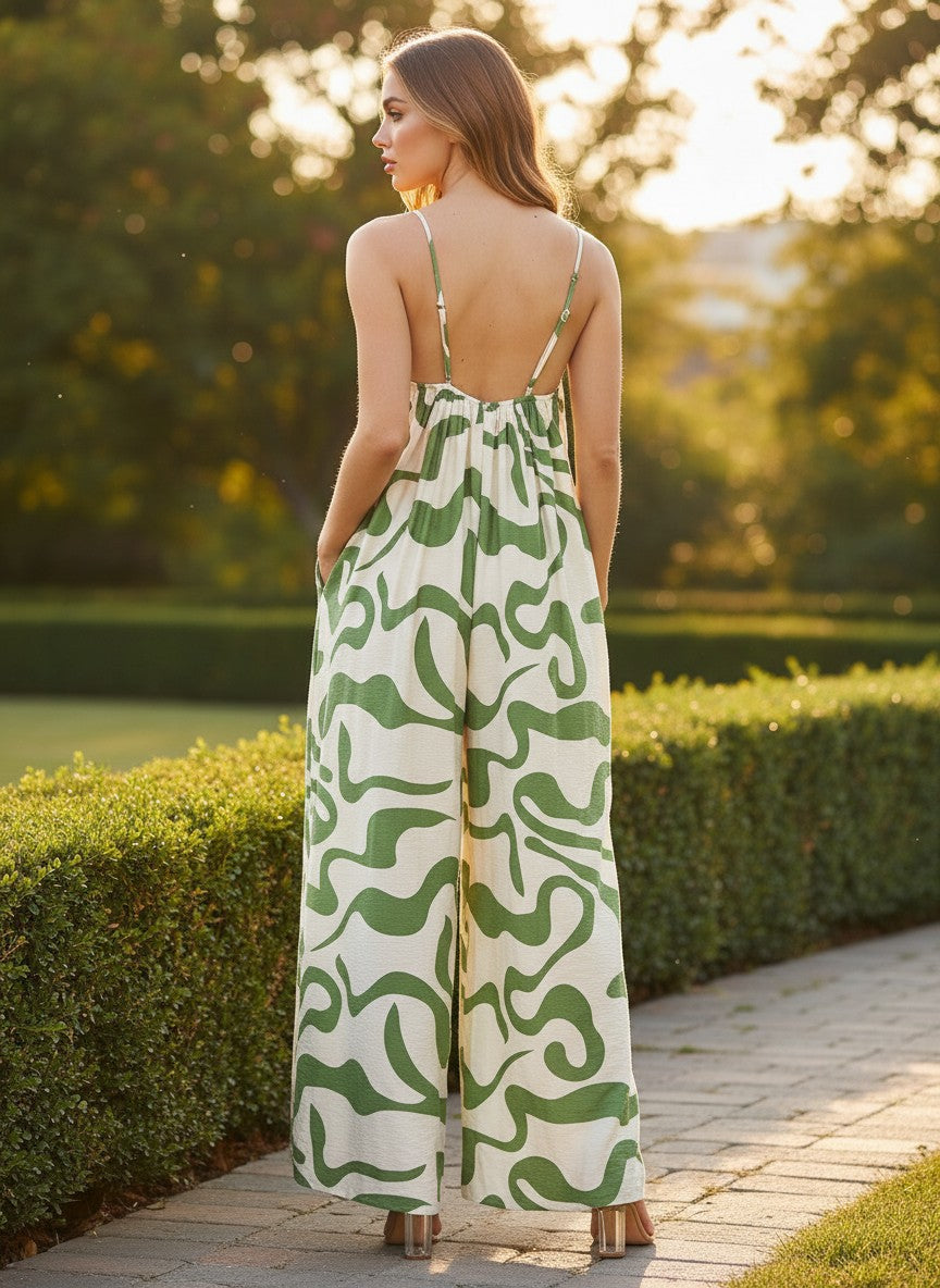 Olive Mirage Flow Wide-Leg Jumpsuit