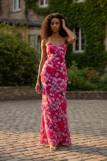 Berry Bloom Ruffle Maxi Dress