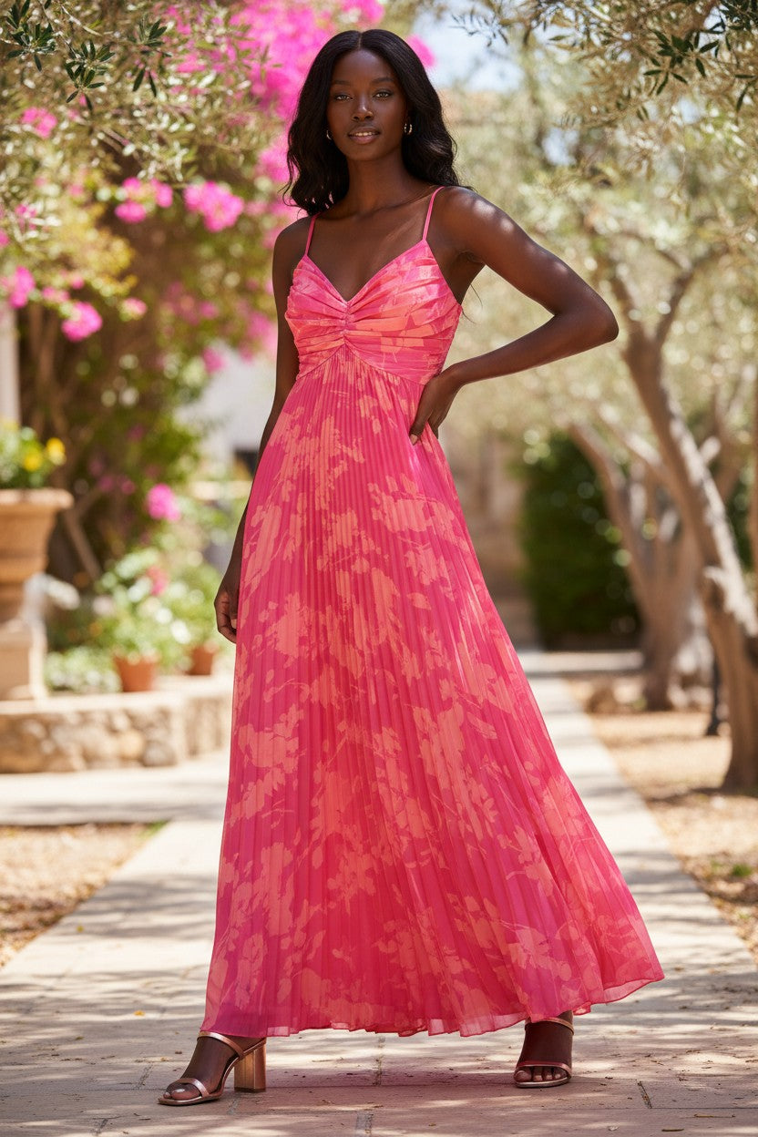 Rosé Garden Pleated Maxi Dress