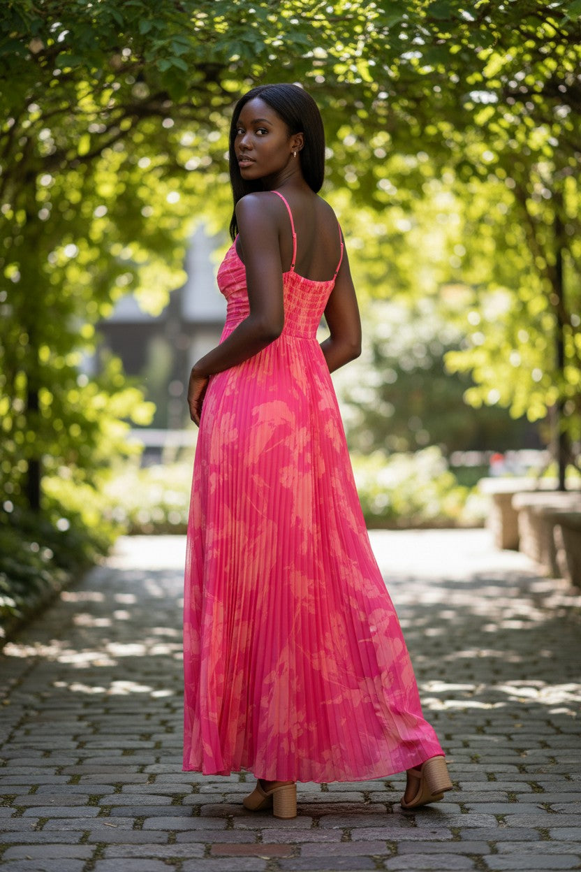 Rosé Garden Pleated Maxi Dress